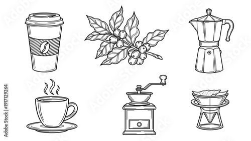 Coffee icons including coffee cup, coffee beans, coffee maker, and more