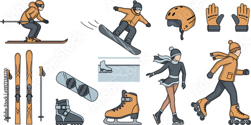 Winter sports equipment and people illustrations