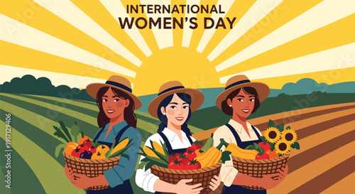 International Women’s Day poster featuring woman farmer with harvest celebrating empowerment, sustainability, equality, and contribution of women in agriculture sector
