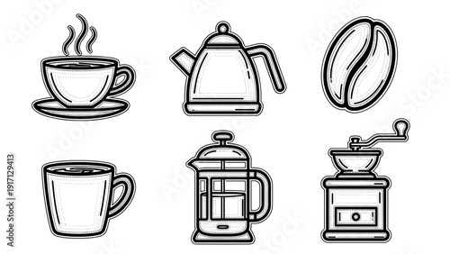 A set of coffee icons including a cup, kettle, bean, mug, french press, and grinder