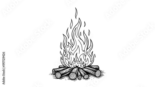 A black and white illustration of a campfire burning with flames and logs