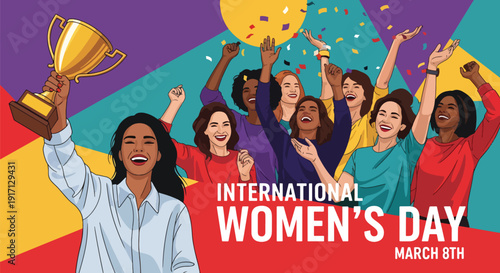 International Women’s Day poster showing women celebrating success and achievement symbolizing empowerment, leadership, confidence, and recognition of accomplishments