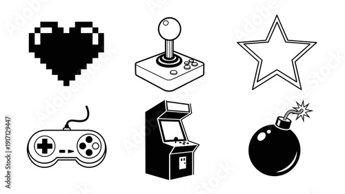 Collection of black and white pixel art icons including heart, game controller, joystick, arcade machine, star, and bomb