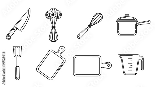 Collection of kitchen utensils and tools in line art style for cooking and food preparation