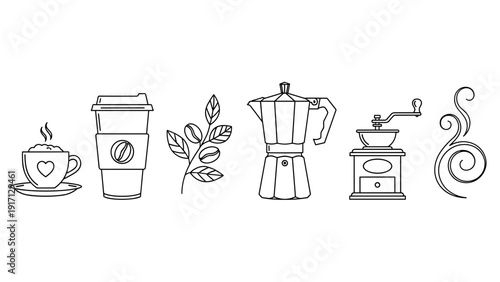 Vector line art icons of coffee cup, coffee bean, coffee maker, and grinder
