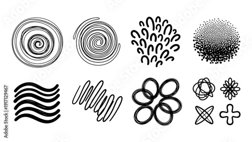 Collection of various black and white line art shapes and symbols
