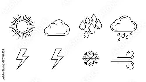 Weather icons set including sun cloud rain snow and wind symbols in line art style
