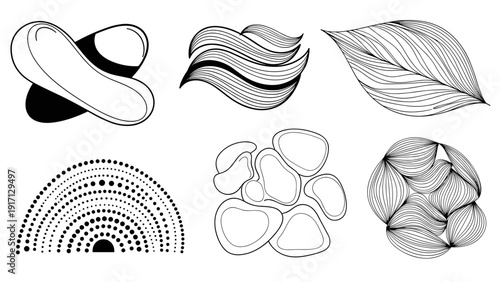 Black and white line art illustrations of various shapes and leaves