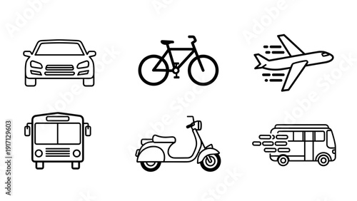 Black and white line art illustrations of various transportation vehicles