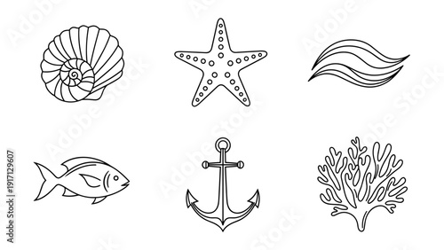 Black and white nautical icons including sea creatures and symbols