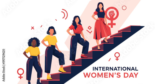 International Women’s Day poster showing diverse women rising upward symbolizing progress, growth, empowerment, equality, ambition, and leadership success