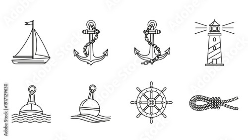 Nautical icons including sailboat, anchors, lighthouse, buoy, ship wheel, and rope