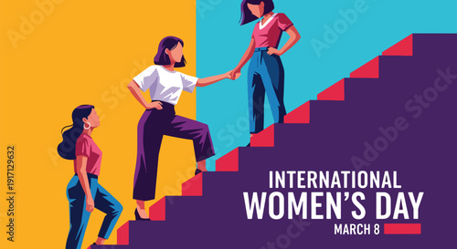 International Women’s Day poster showing diverse women rising upward symbolizing progress, growth, empowerment, equality, ambition, and leadership success