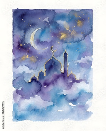 Dreamy watercolor painting of night sky with golden mosque outline and moon poster