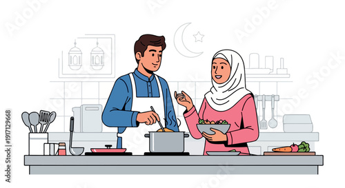 Illustration of a man and woman cooking together in a kitchen with various utensils and ingredients on the counter.