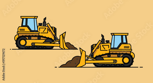 Two Yellow Bulldozers Moving Dirt.