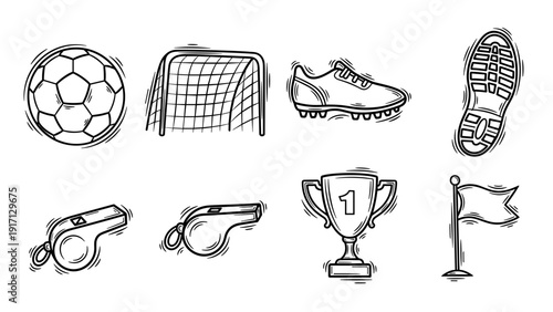 Soccer equipment icons including ball, goal, cleat, shoe, whistle, trophy, and flag