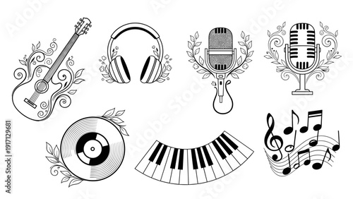 Black and white music icons with floral designs