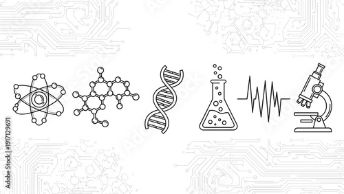 Science and technology icons including atom, molecule, dna, laboratory equipment, and microscope