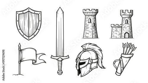 Medieval icons including shield sword castle flag helmet and quiver