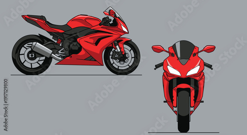 Red Motorcycle Illustration Side and Front View.