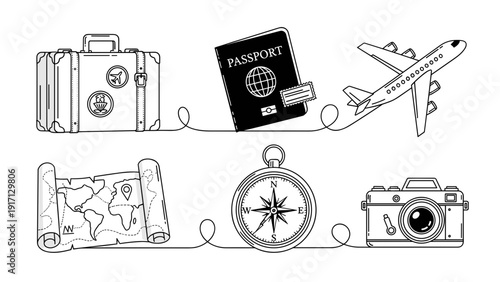 Travel icons including suitcase, passport, airplane, map, compass, and camera