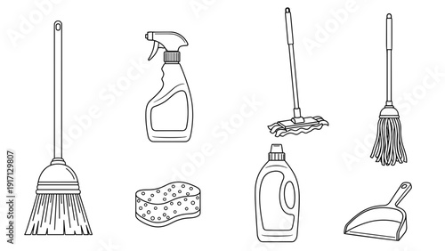A collection of cleaning supplies including brooms, a sponge, spray bottle, and detergent