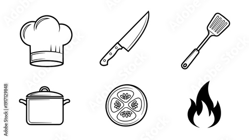 Black and white line drawing of various kitchen utensils and food
