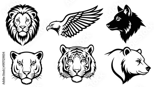 Collection of animal heads with lion, eagle, wolf, panther, tiger, and bear in black and white