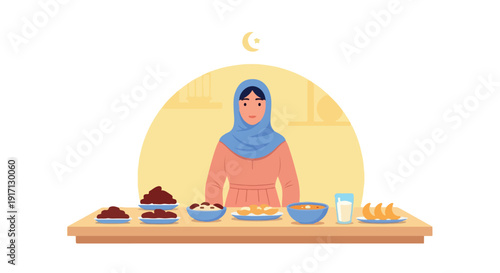 A Muslim woman wearing a hijab standing behind a table with various traditional iftar foods during Ramadan against a yellow background with a crescent moon.