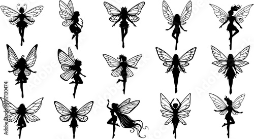 Fairy silhouette vector collection magical creatures design set art