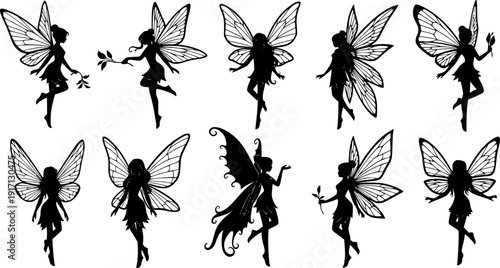 Fairy silhouette vector collection magical creatures design set art