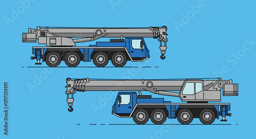 Crane Trucks with Extended Booms and Hooks.