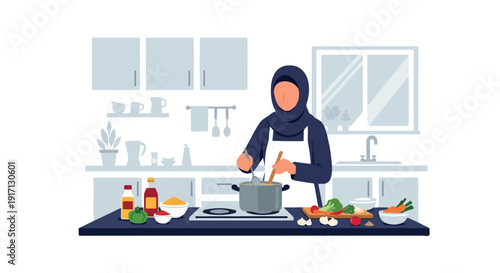Woman in hijab cooking in a modern kitchen with various dishes and utensils on the counter.
