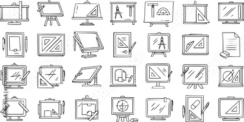 Drafting Tools: Set of Hand-Drawn Icons, Sketch, Architect, Engineering Design