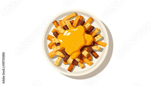 Top View French Fries with Melted Cheese Sauce Vector Illustration Isolated on White Background