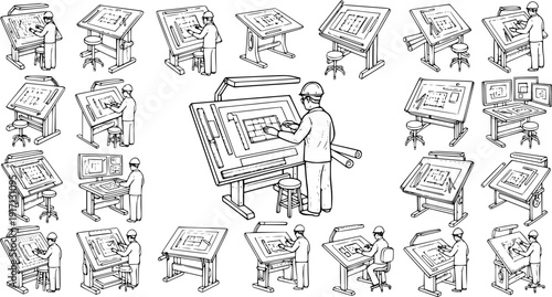 Architects and Engineers Working at Drafting Tables and Computer Workstations, Professional Design and Blueprint Drawing Collection