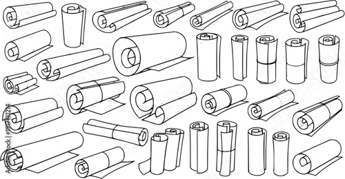 Hand-Drawn Scrolls and Rolled Papers Line Art Collection in Black and White