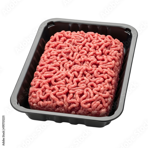 Raw ground beef in black plastic container on transparent background