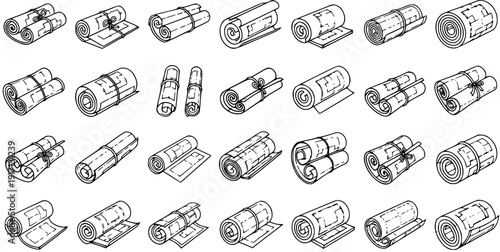 Hand-Drawn Rolled Blueprints and Architectural Plans Icons Set - Engineering and Construction Drawings Collection