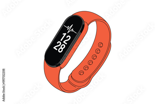 Fitness tracker displays heart rate monitoring data on bright orange wristband.