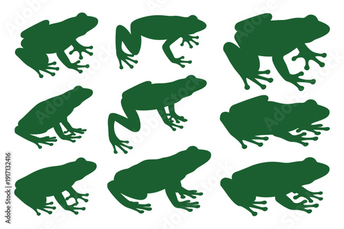 Nine distinct green frog silhouettes display various postures across a clean.