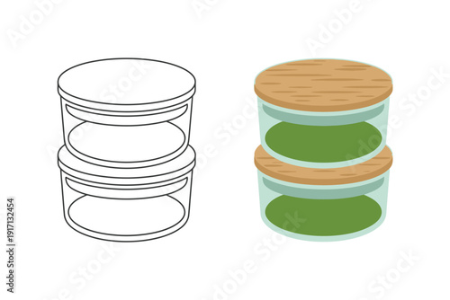 Set of two glass food storage containers features green contents and wooden.