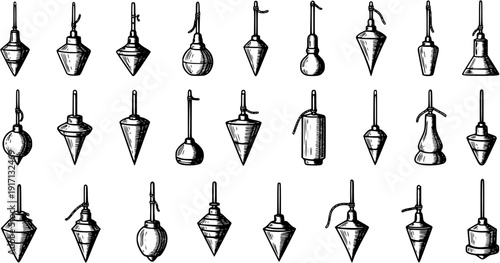 Set of hand-drawn vintage plumb bobs, various antique designs for construction, carpentry, and building leveling tools, vector illustration on white.