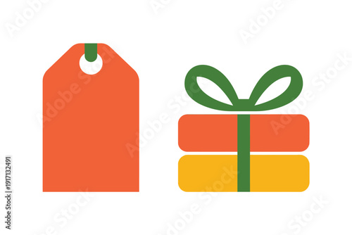 Brightly colored price tag alongside two stacked rectangular gift boxes tied.