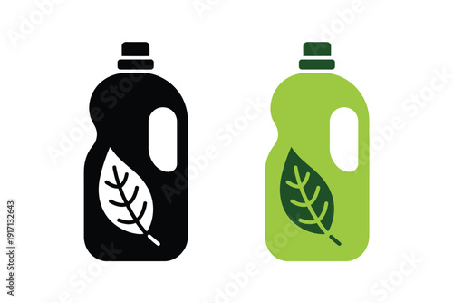 Two eco-friendly detergent bottle icons display nature and cleaning concepts.