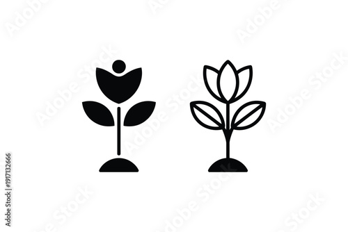 Stylized black flower icons representing growth and botanical elements.