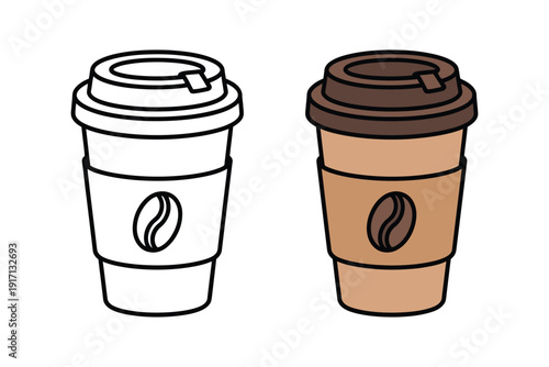 Two coffee cups, one outlined and one colored, show a drink to go icon design.