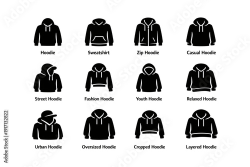 Collection of hoodie icons: sweatshirt, zip, casual, street, fashion, youth, relaxed, urban, oversized, cropped, layered