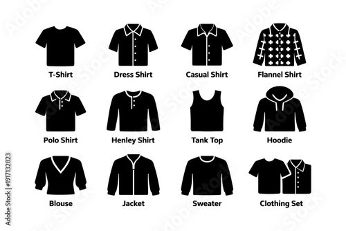 Variety of shirt styles: t-shirt, dress shirt, casual, flannel, polo, henley, tank top, hoodie, blouse, jacket, sweater, clothing set
